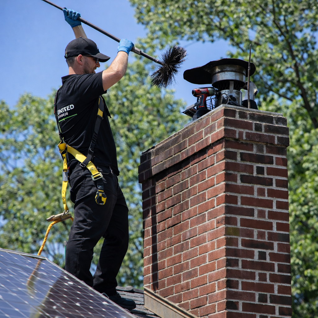 chimney sweep working on roof
